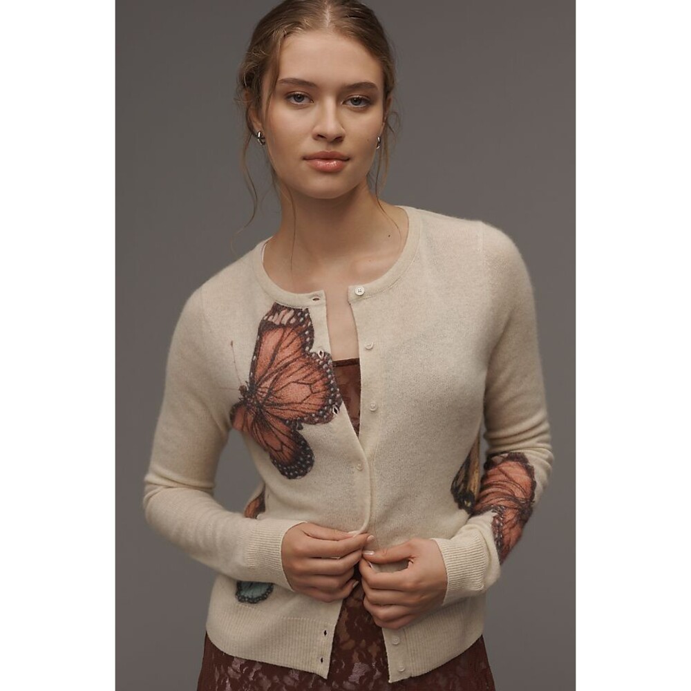 Anthropologie Juliet 100% Cashmere Cardigan Sweater Womens 2XL Cream Butterfly